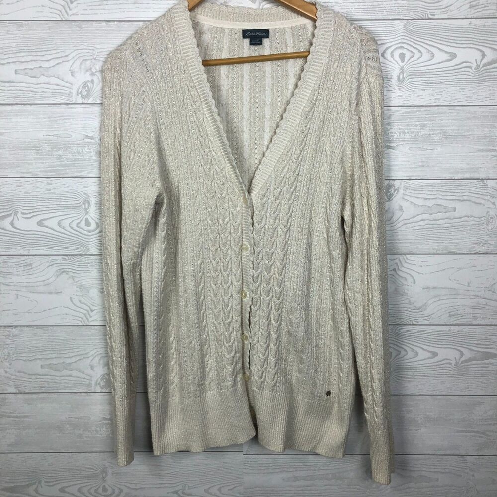 Eddie Bauer Women's XL Metallic Weave Button Front Cardigan Sweater Ivory
